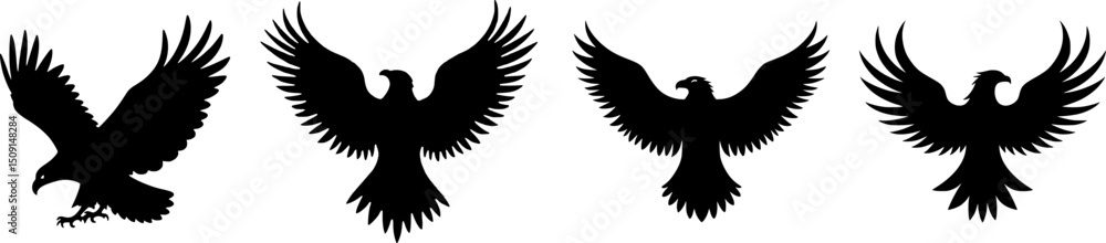 Fototapeta premium Eagle Silhouette Vector Set – Majestic Bird of Prey with Wings Spread, Flying and Hunting Poses, Black and White Illustration for Logo, Emblem, and Wildlife Design 