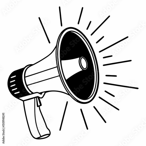 Black and white illustration of a megaphone with sound waves emanating outwards