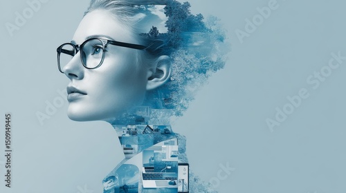 Double exposure of thoughtful woman with nature and technology elements on blue background.