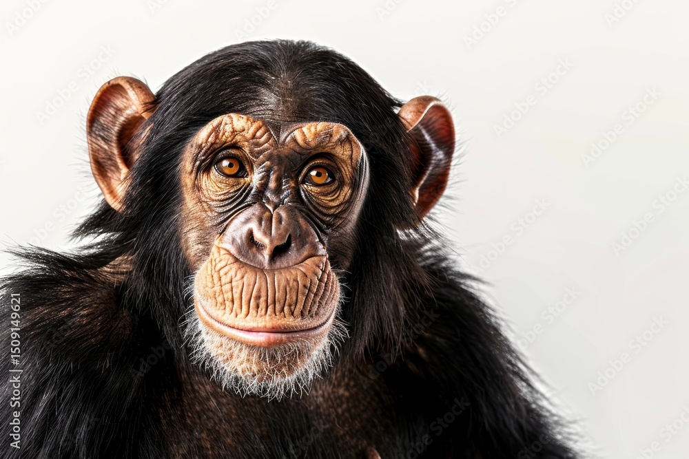a chimpanzee with expressive eyes and detailed fur, the focused gaze captures both strength and wisdom, set against a clean white backdrop. a chimpanzee with expressive eyes and detailed fur, the focused gaze captures both strength and wisdom, set against a clean white backdrop.