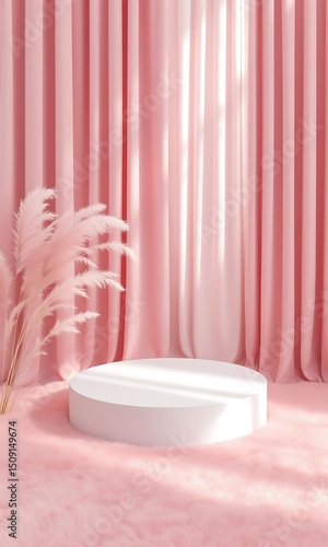 Pink minimalist product display with pampas grass