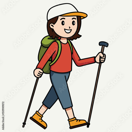 Woman hiking mountain trail with walking poles and backpack