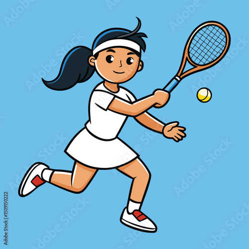 Woman playing tennis mid-swing hitting ball on outdoor court