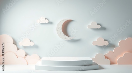 Dreamy display featuring pastel clouds, a crescent moon, and a modern minimalist white podium stage