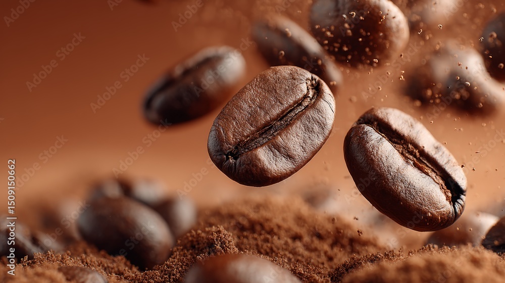 Close-up of roasted coffee beans falling over ground coffee on brown background. Close-up of roasted coffee beans falling over ground coffee on brown background.