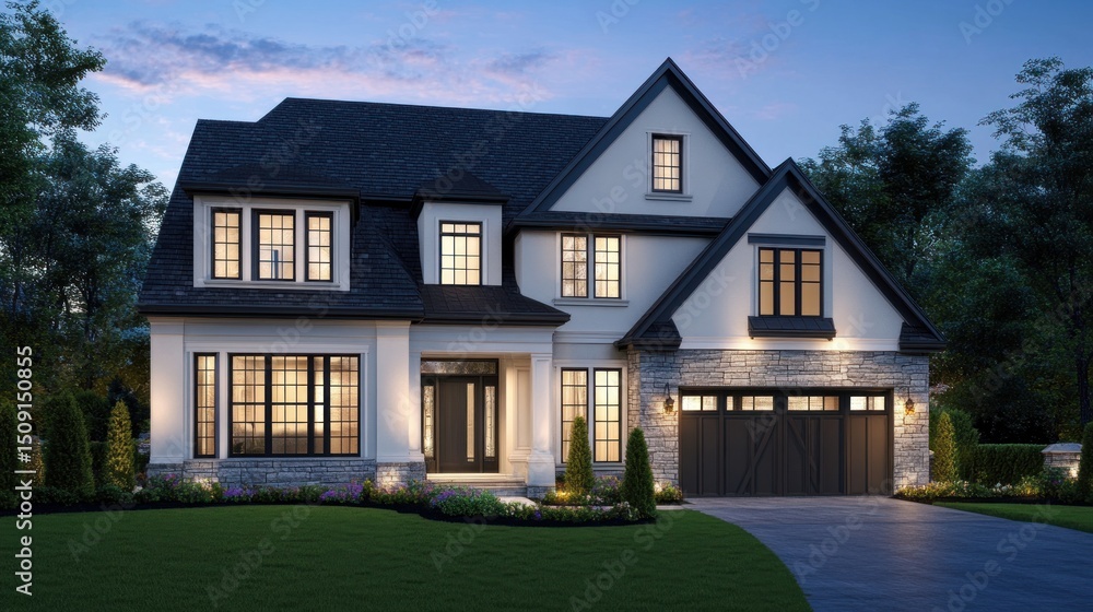 Elegant Two-Story House at Dusk Elegant Two-Story House at Dusk