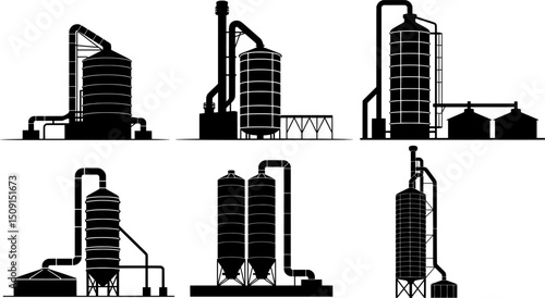 Bold black silhouette of grain dryer towers with vent stacks and circular chambers, perfect for industrial designs and agricultural illustrations, icon set