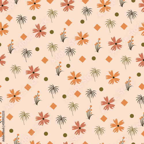 Scandi flowers seamless pattern. Flowery surface pattern design. Vector Scandinavian flowers, leaves and shapes