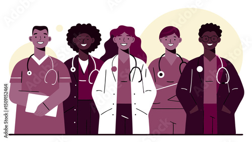 group of diverse healthcare professionals standing side by side, including doctors and nurses, wearing scrubs, lab coats, and stethoscopes. They are smiling and facing forward. Flat illustration style