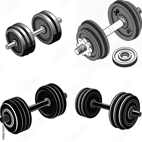 Various Illustrations of Dumbbells in Different Styles and Angles