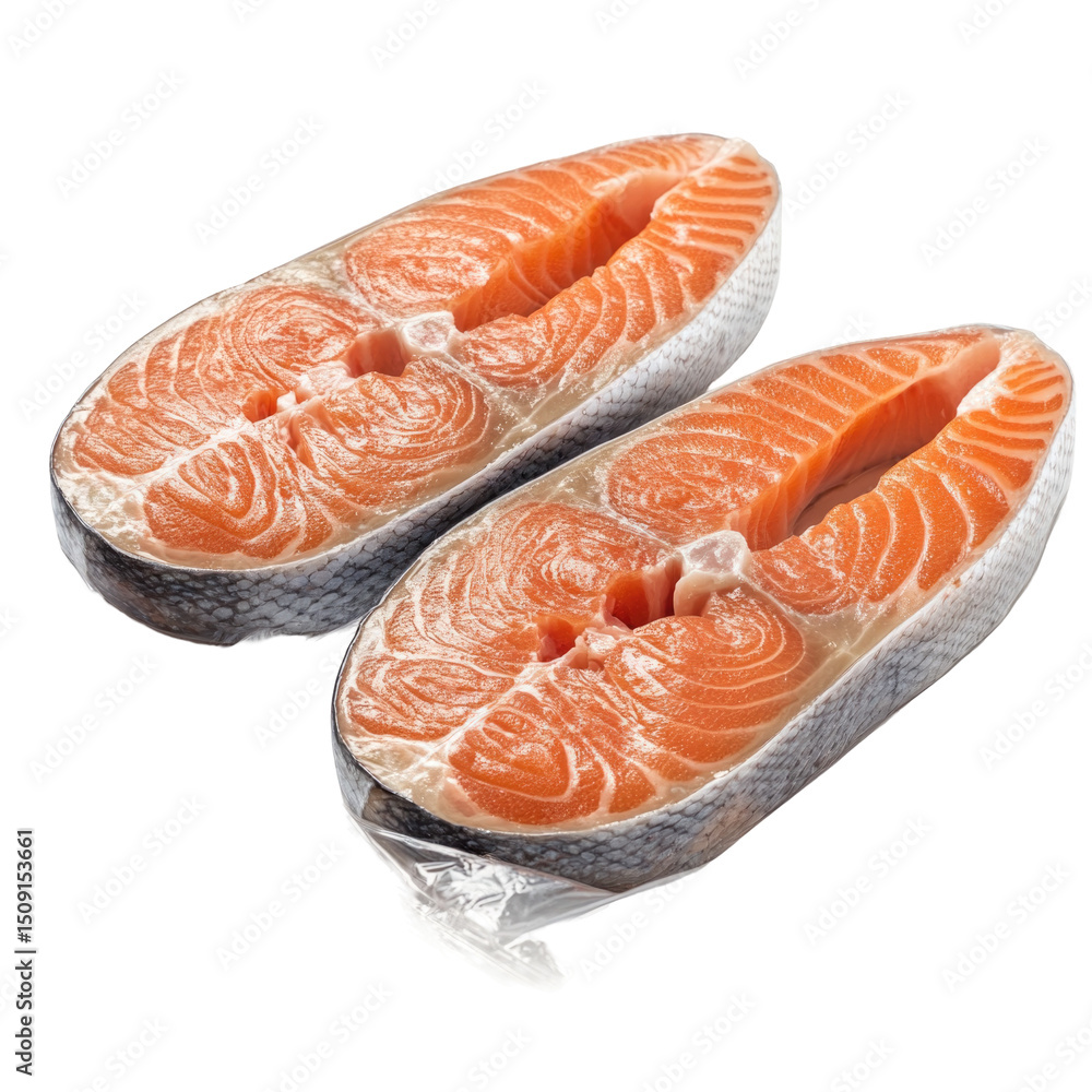 Pre Seasoned Frozen Salmon Steaks In Clear isolated on a transparent background Pre Seasoned Frozen Salmon Steaks In Clear isolated on a transparent background