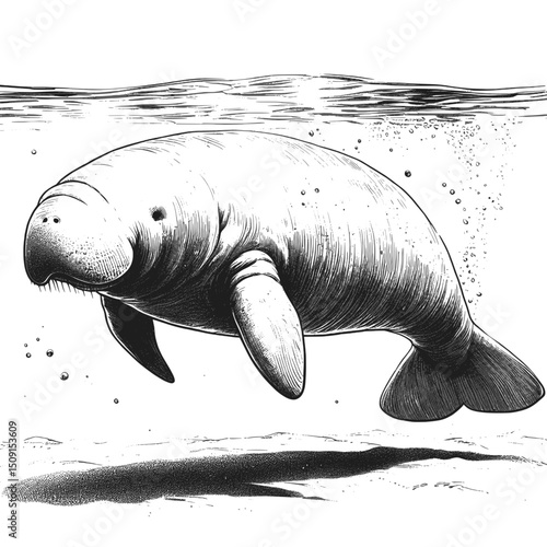 Gentle Giant: Dugong linework ink sketch hand drawn pen drawing vector illustration background