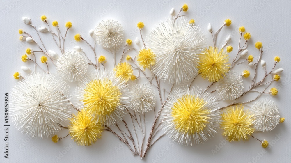 Obraz premium Floral arrangement featuring white and yellow pompom flowers with delicate branches