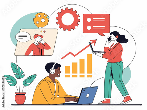 Cartoon vector illustration of business people working on laptop computers in an office, depicting concepts of technology, work, and money