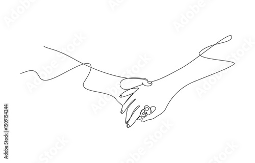 Two hands reaching out one line vector illustration, One line drawing of two hands intertwined, Minimalist representation of togetherness and support. Editable stroke.