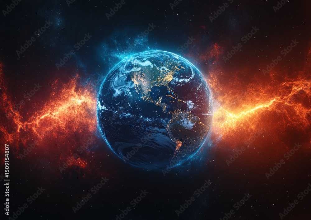 Obraz premium Planet Earth encircled by vibrant, contrasting energy fields.