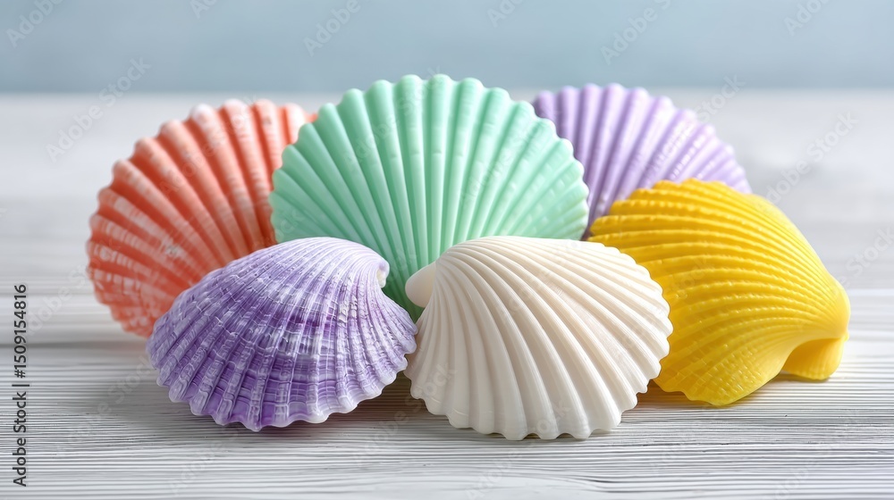 Delicate Pastel Seashells on Light Grey Wooden Surface Bathed in Soft Sunlight Delicate Pastel Seashells on Light Grey Wooden Surface Bathed in Soft Sunlight