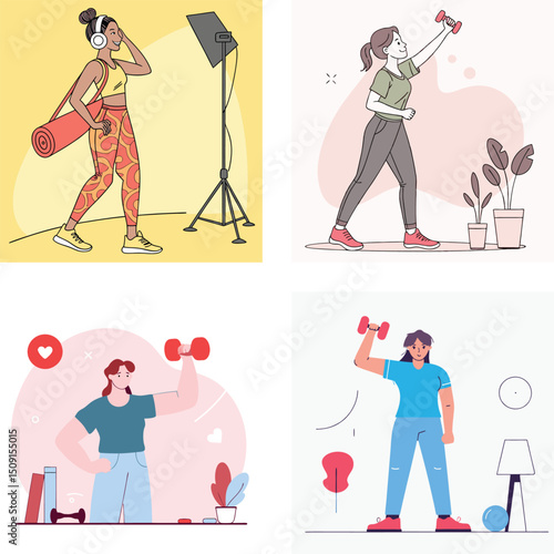 Diverse Women Engaging in Various Fitness Activities at Home