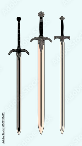 Detailed medieval swords set with decorative hilts and straight double-edged blades in flat minimalist vector style isolated on light background for fantasy and historical themes