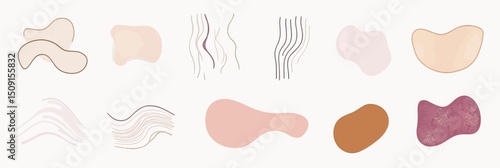 Set of abstract organic pastel shapes and delicate hand drawn wavy line elements with soft minimalist style for modern graphic design backgrounds and logos