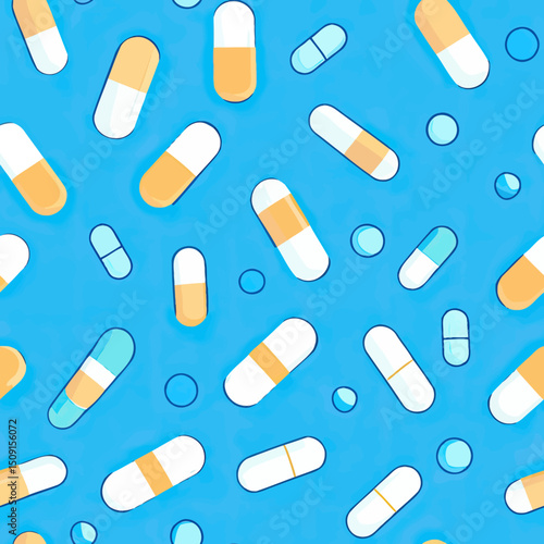 Seamless pattern of colorful medical capsules and round pills on blue background in flat minimalist vector style for healthcare design and pharmacy concepts