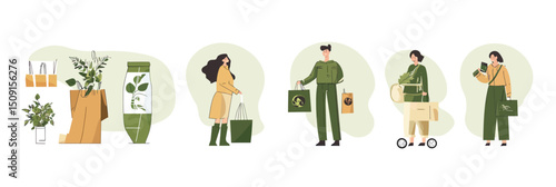 Sustainable shopping lifestyle illustration with diverse characters carrying eco friendly textile bags recycling conscious consumption slow fashion concept vector