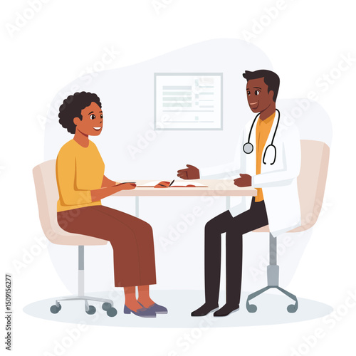 African American female patient consulting with male doctor in white coat sitting at desk during medical appointment in modern clinic interior flat vector illustration