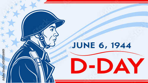 Normandy Landings Memorial Poster with Military Helmet and Stars, D-Day Tribute on June 6, 1944, Generative AI