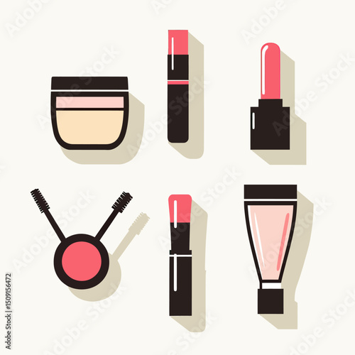 Set of flat minimalist vector icons of makeup cosmetics including face powder, lipstick, mascara, lip gloss, and foundation tube in pink and black colors with shadows