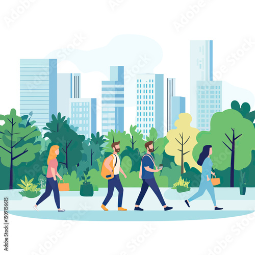 Four people walking in urban park with green trees and modern city skyscrapers in background flat vector illustration outdoor leisure activity