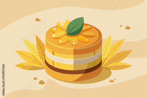 Layered cake with mango cream decorated with edible gold leaves on sand texture background with light reflections