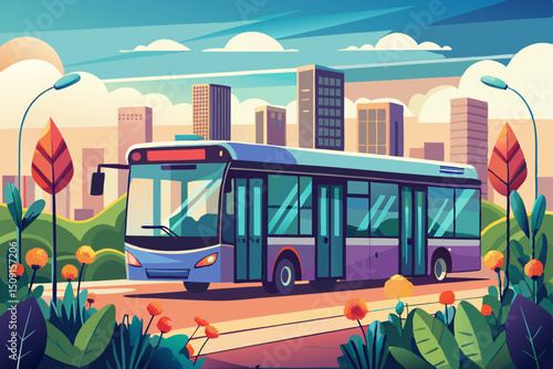 Electric bus parked at a bus stop with flower beds around it, against the backdrop of a city in the morning light. Eco-friendly transport in an urban environment (electric bus, green city)