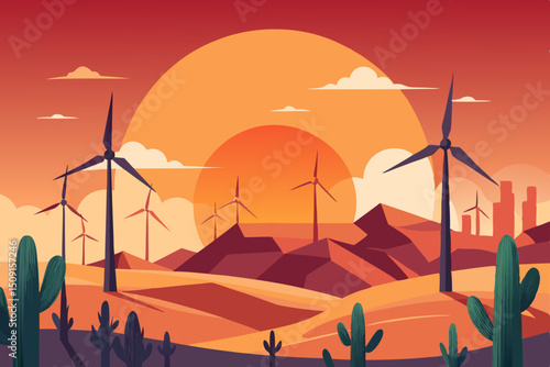 Wind turbines against a desert landscape with cacti and an orange sunset, with an emphasis on contrast. Wind energy desert, sustainable arid