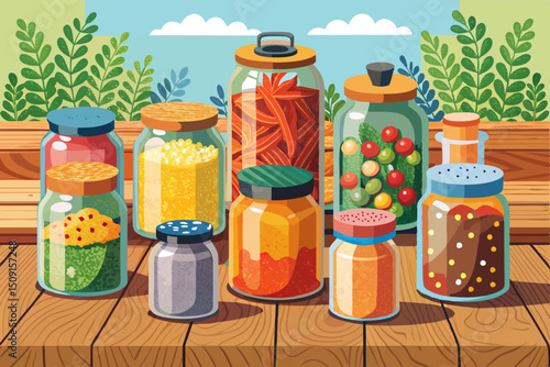 Recycled glass jars filled with colorful spices on a textured wooden table. Eco-friendly food storage (recycled jars, zero waste kitchen)