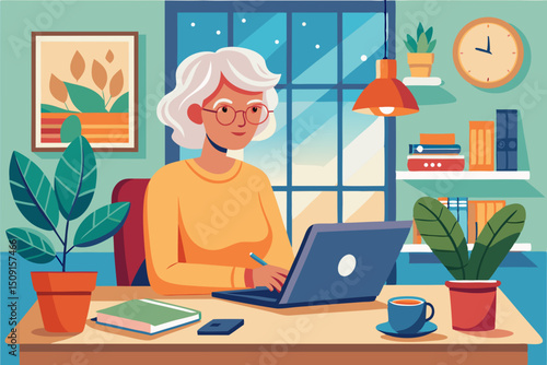 Senior female freelancer typing on laptop at wooden desk with green plants and books around (woman 50+ works from home, freelance, natural interior)