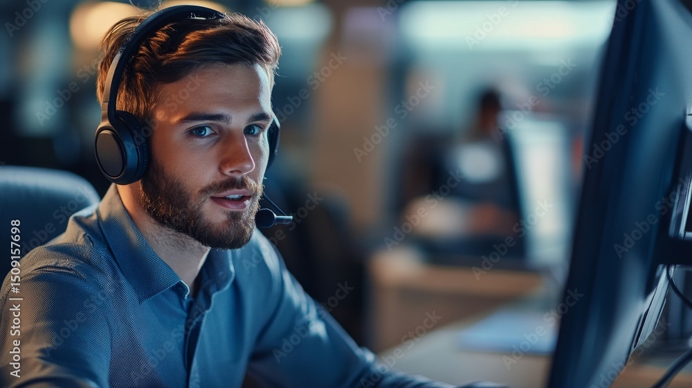 Customer support agent assisting a customer with technical issues in a modern office environment from a professional viewpoint Customer support agent assisting a customer with technical issues in a modern office environment from a professional viewpoint