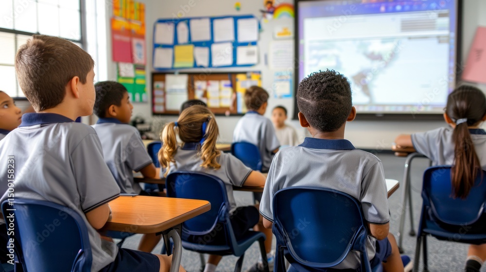 Fototapeta premium Group of children sitting at desks in front of projector screen.