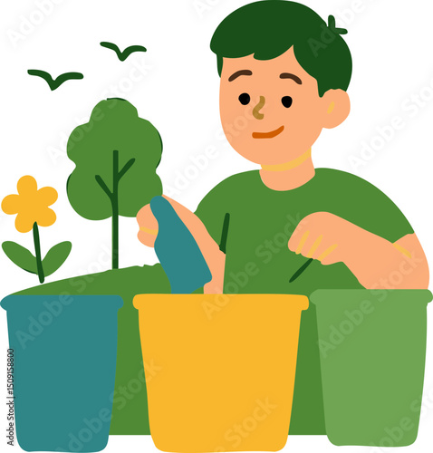 Minimal vector illustration of a boy sorting waste into colorful bins outdoors, encouraging recycling habits on World Environment Day.