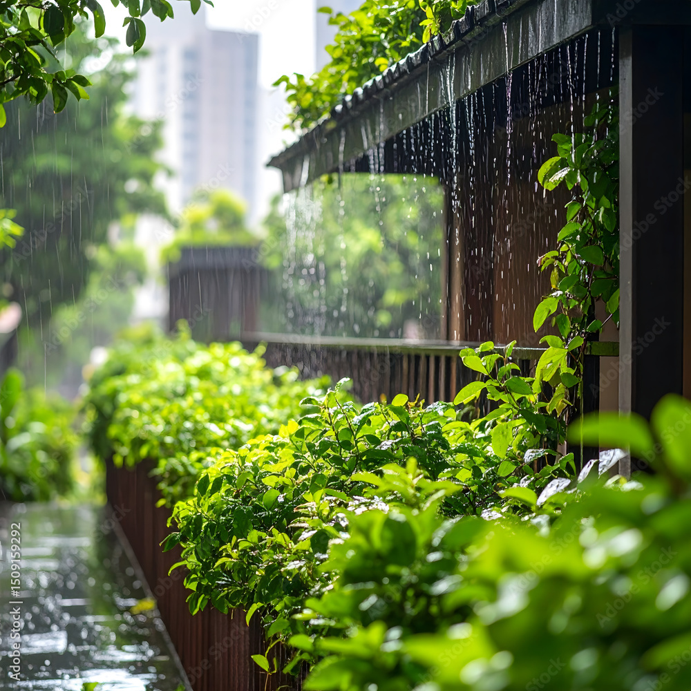 Fototapeta premium Lush Greenery Bathed in Rain Urban Park Setting Tranquil Rainy Day Scene