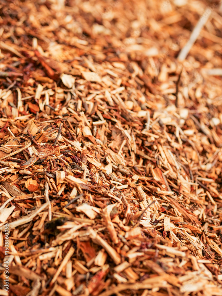A pile of wood chips is scattered on the ground. Concept of decay and decomposition, as the wood chips are no longer in their original form A pile of wood chips is scattered on the ground. Concept of decay and decomposition, as the wood chips are no longer in their original form