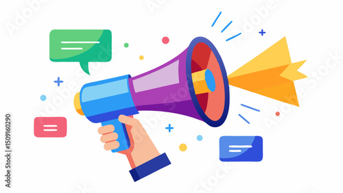 Hand holding megaphone with speech bubbles and colorful geometric shapes illustration