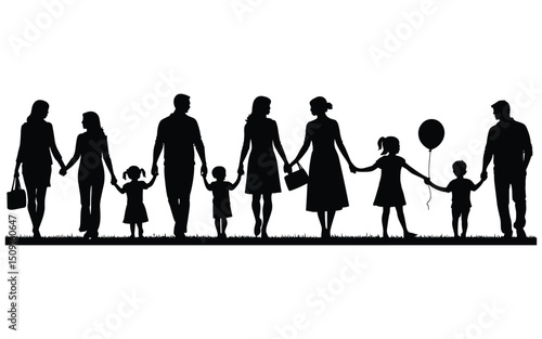 Silhouette Of Families With Children Walking Holding Hands Together Happily