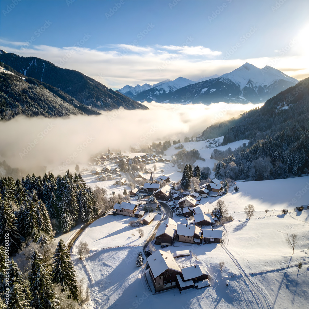 Fototapeta premium Aerial View of Snowy Alpine Village Winter Landscape Mountain Scenery Foggy Valley