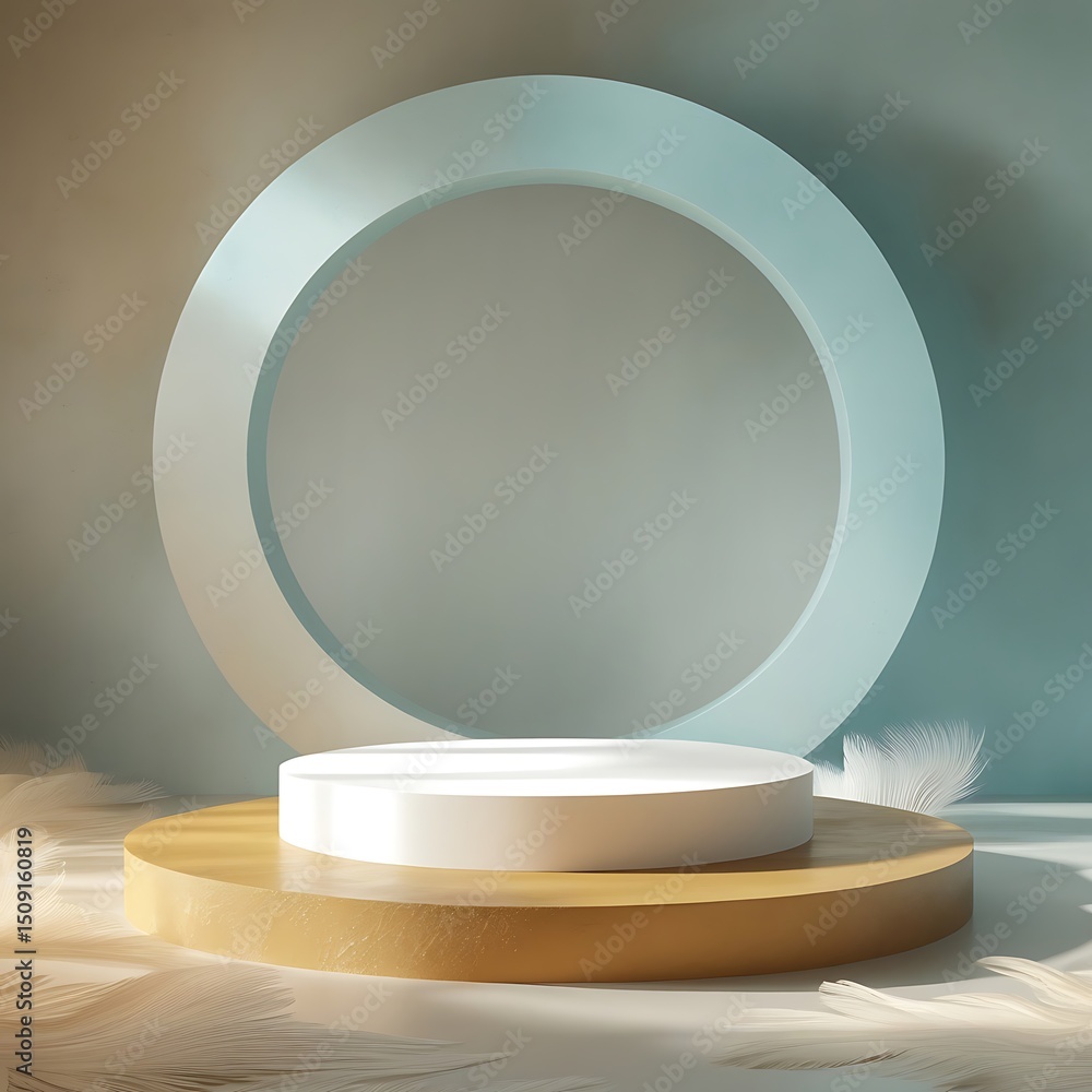 Abstract modern studio with podium and geometric shapes on a soft textured background Abstract modern studio with podium and geometric shapes on a soft textured background