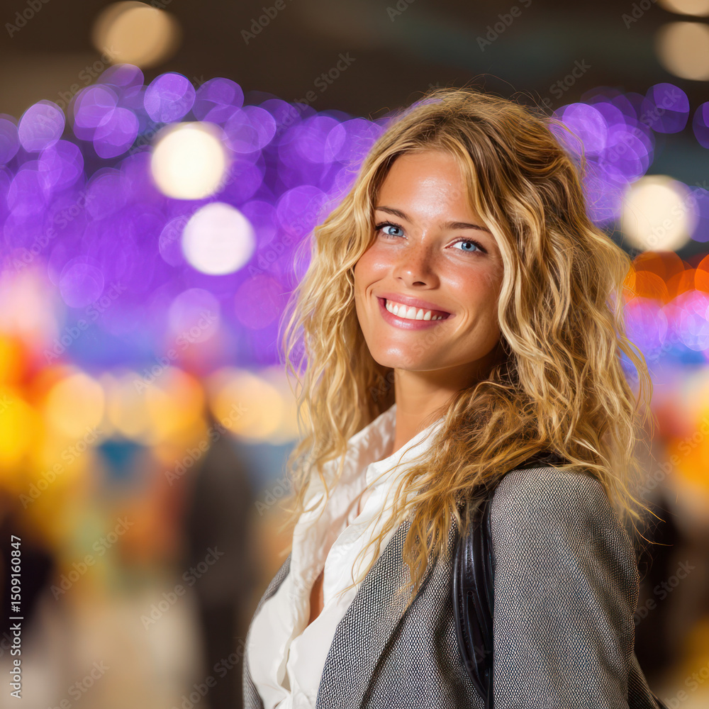 Fototapeta premium smiling marketing team woman with curly hair in business suit stands confidently in vibrant exhibition space filled with colorful lights. Her conveys warmth and professionalism