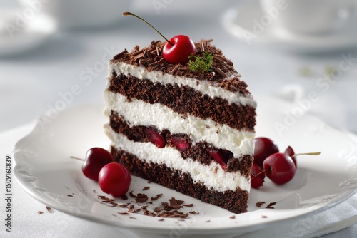 Schwarzwälder Kirschtorte Stück traditioneller deutscher Kuchen mit Schokolade Sahne und Kirschen klassische Schwarzwaldtorte Dessert auf Teller Nahaufnahme Food Fotografie festliches süßes Gebäck