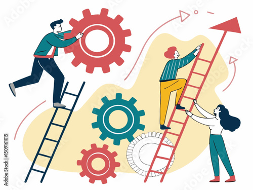 Businessman pushing gears, illustrating teamwork and the concept of success through collaborative work and technological innovation
