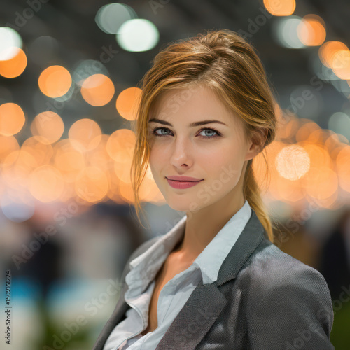 confident woman in business suit stands in vibrant exhibition space, surrounded by blurred lights. Her conveys professionalism and poise, making her standout figure