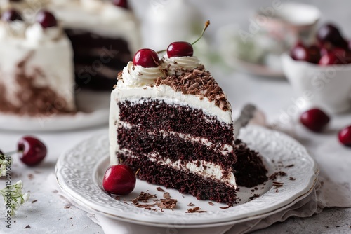 Schwarzwälder Kirschtorte Stück traditioneller deutscher Kuchen mit Schokolade Sahne und Kirschen klassische Schwarzwaldtorte Dessert auf Teller Nahaufnahme Food Fotografie festliches süßes Gebäck