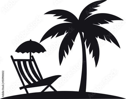 Tropical beach scene with palm tree and beach chair vector illustration
